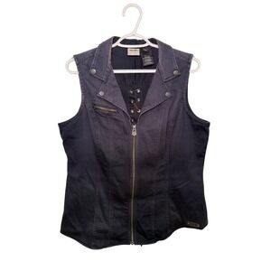 Harley Davidson Womens Black Denim Lace Up Corset Moto Vest XL Biker Punk